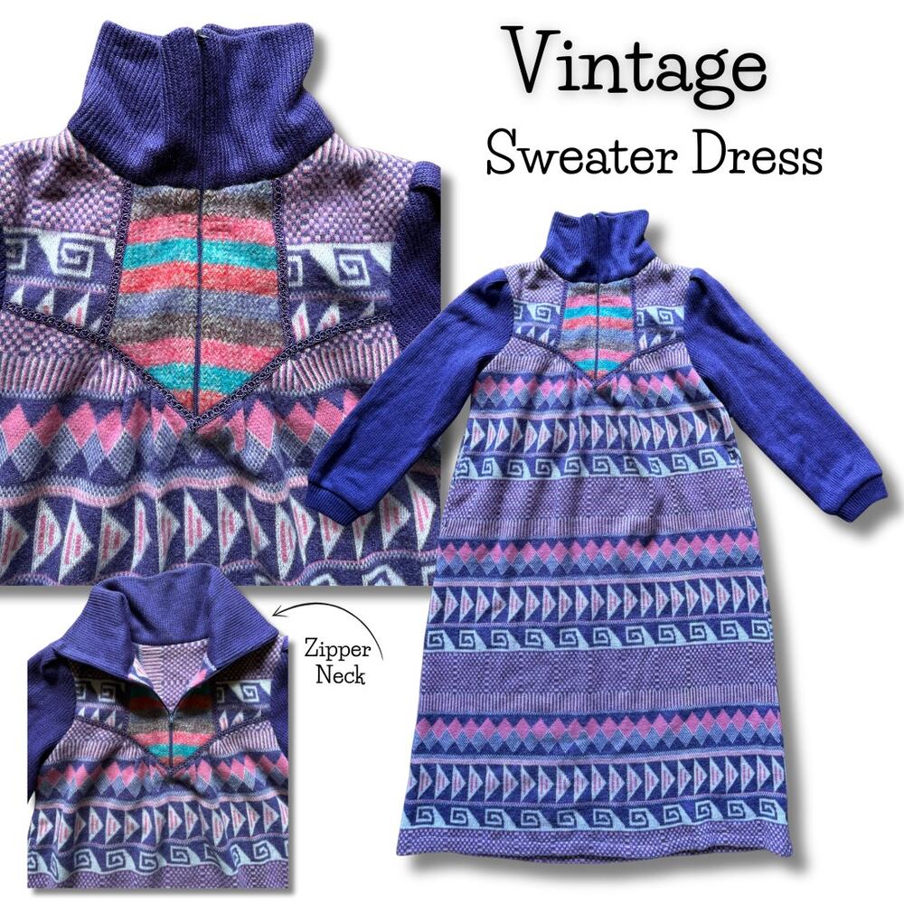 Vintage 70s 80s Sweater Dress Zip TurtleNeck Fall Winter Bohemian Art Statement